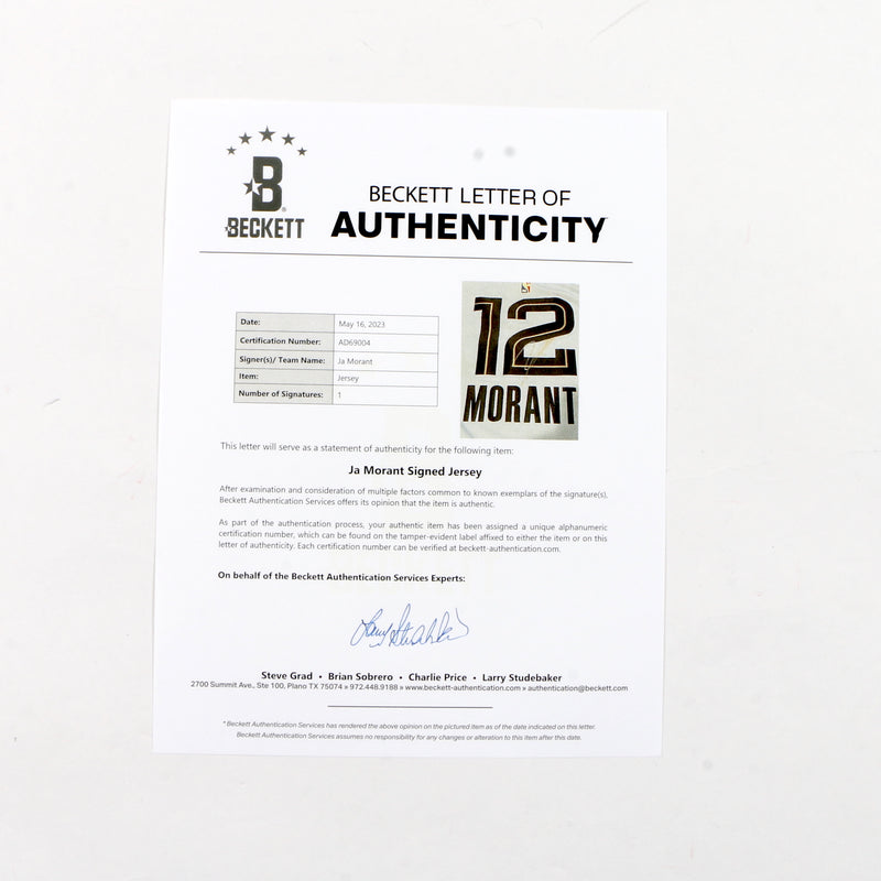 Ja Morant Autographed Memphis Grizzlies Style Jersey Beckett Certified