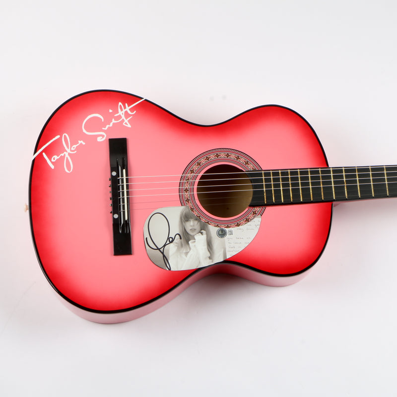 Taylor Swift Signed Guitar Pick on Pink Guitar Featuring Signed CD "The Tortured Poets Department" - Beckett COA