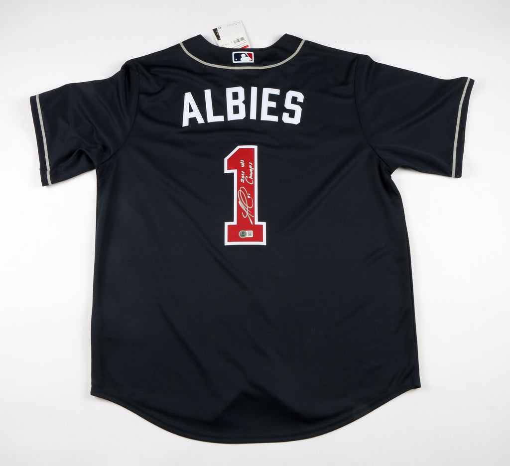 Ozzie Albies Signed Jersey Red Atlanta Braves "2021 WS Champs" Beckett