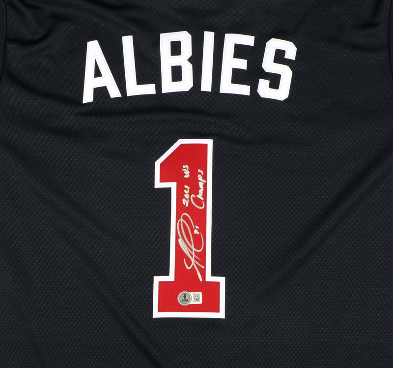 Ozzie Albies Signed Jersey Red Atlanta Braves "2021 WS Champs" Beckett