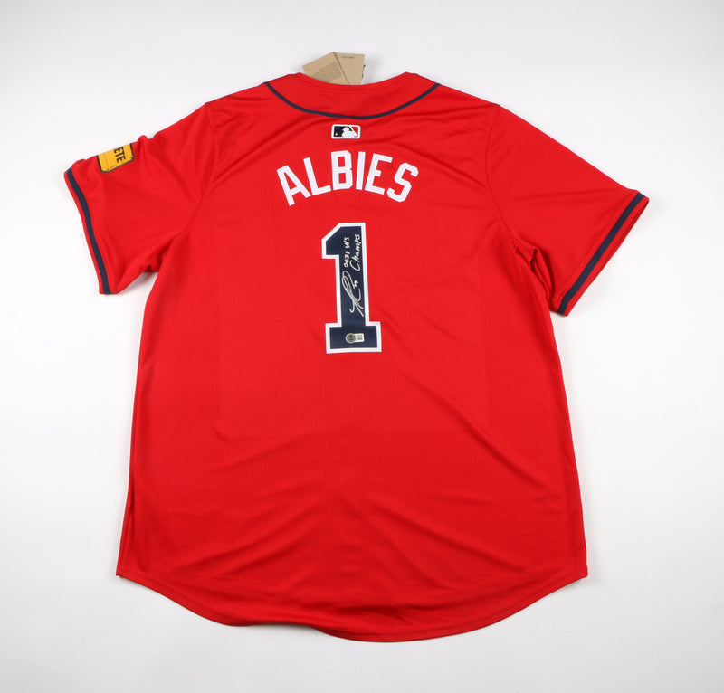 Ozzie Albies Signed Jersey Red Atlanta Braves "2021 WS Champs" Beckett