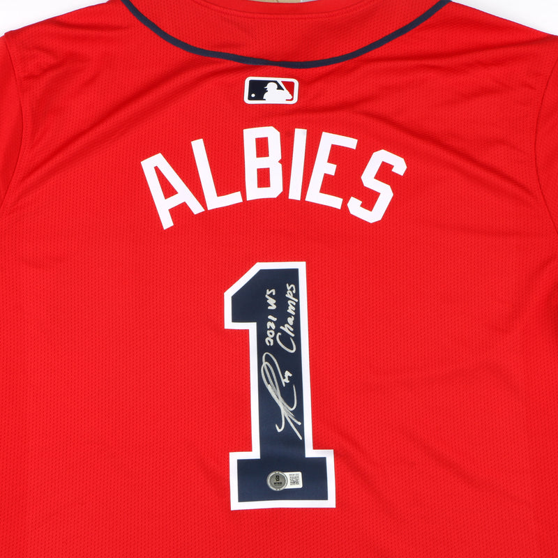 Ozzie Albies Signed Jersey Red Atlanta Braves "2021 WS Champs" Beckett