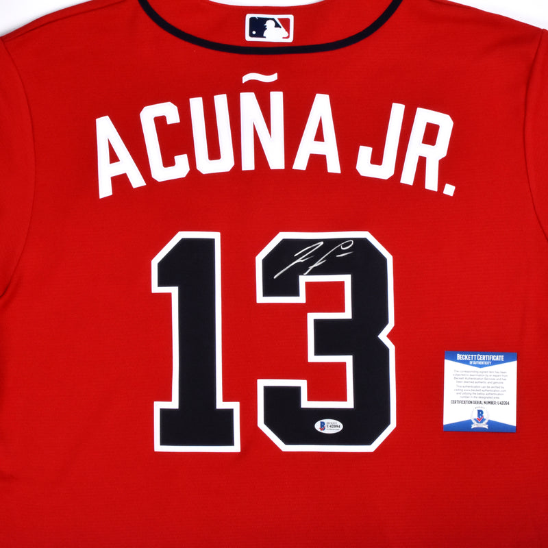 Ronald Acuna Jr Signed Custom Red Pro-Style Baseball Jersey BAS Itp